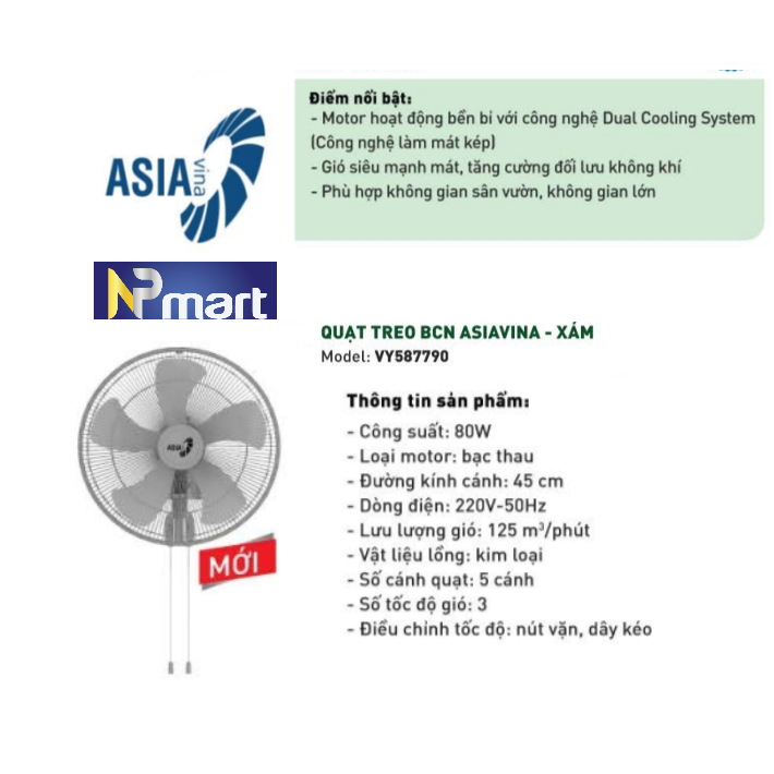 Quạt treo Bán Công Nghiệp Asia - VY587790 - Xám - 45cm - 80W