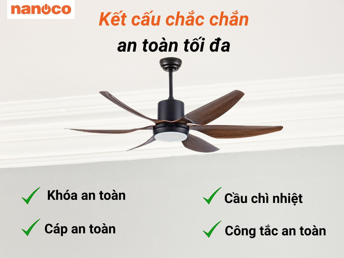 Quạt trần Nanoco NCF5462-PL 6 cánh, có đèn, màu vân gỗ