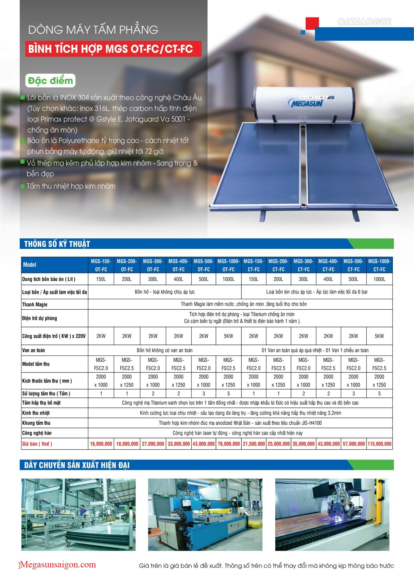 Máy năng lượng mặt trời tấm phẳng Megasun 150 lít không chịu áp