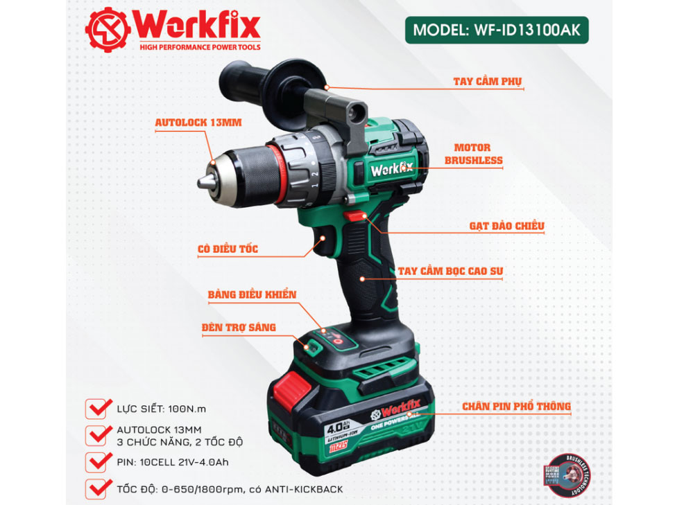 Máy khoan pin Workfix WF-ID13100AK
