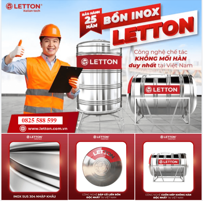 Bồn 1000L nằm inox Letton 18