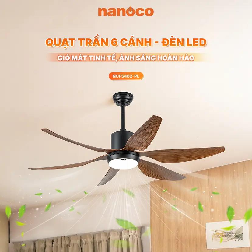 Quạt trần Nanoco NCF5462-PL 6 cánh, có đèn, màu vân gỗ