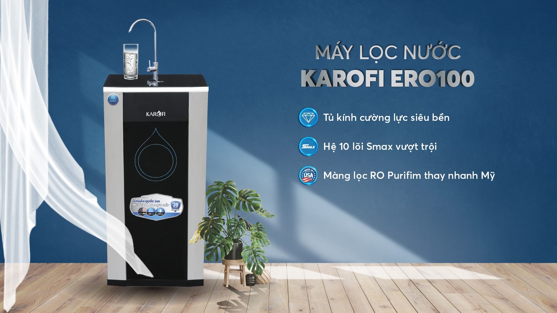 Máy lọc nước RO KAROFI ERO100 - 1 vòi, 1 chế độ nguội, 10 cấp Hydrogen