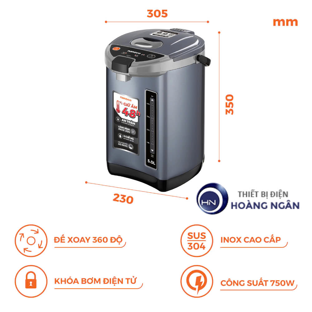Bình thủy điện Nanoco NETF500 - 5 lít