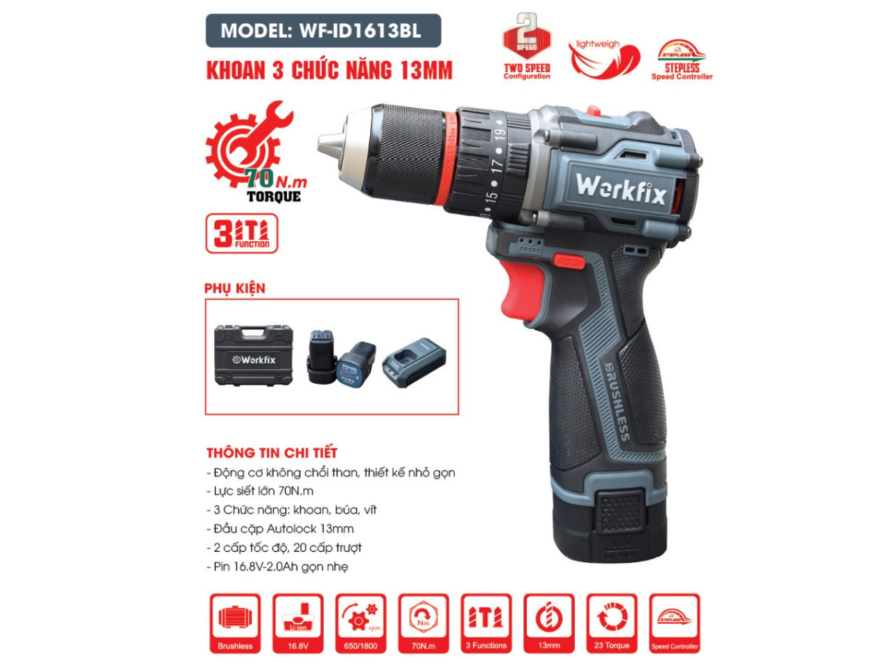 Máy khoan pin Workfix WF-ID1613BL (không chổi than)