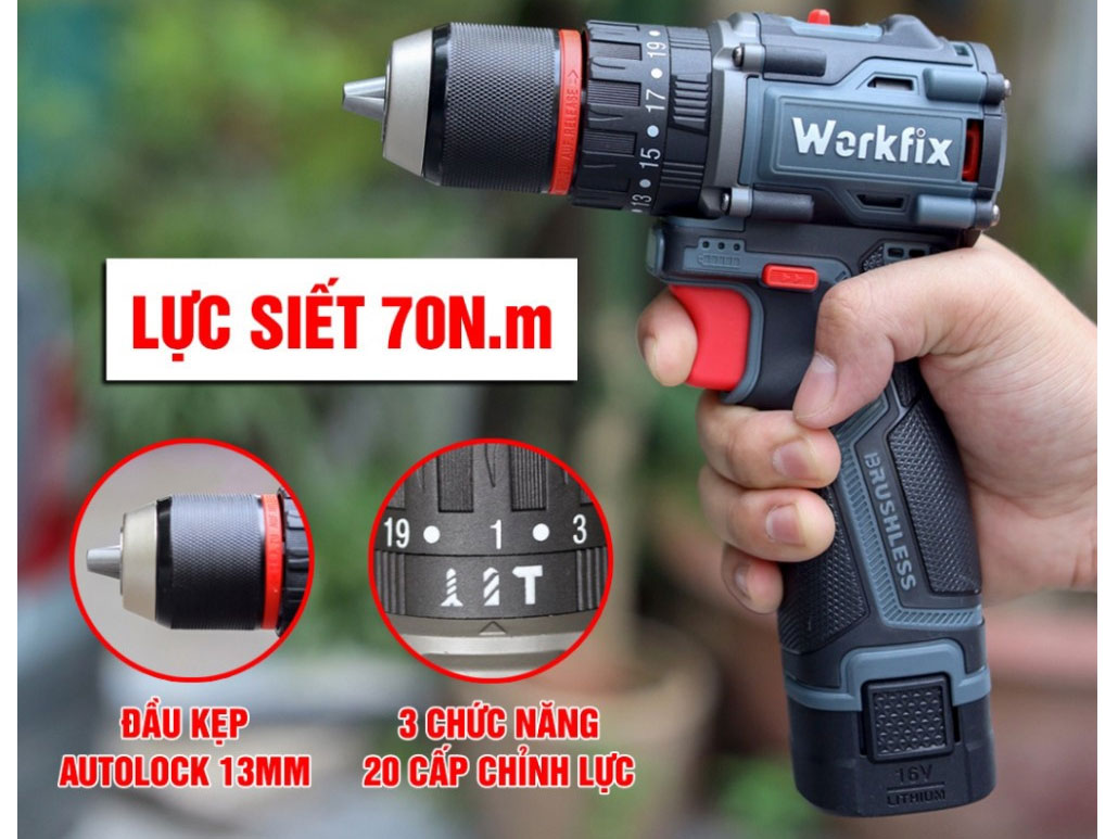 Máy khoan pin Workfix WF-ID1613BL (không chổi than)