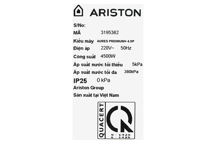 Máy nước nóng trực tiếp Ariston 4500W AURES PREMIUM+ 4.5P