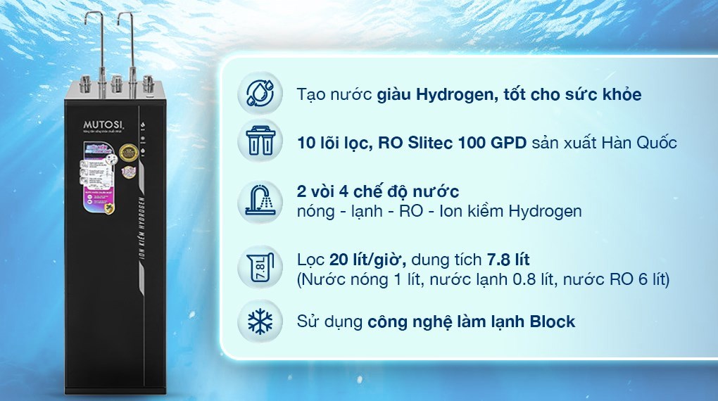 Máy lọc nước RO nóng nguội lạnh Hydrogen ion kiềm Mutosi MP-S1021H 10 lõi 