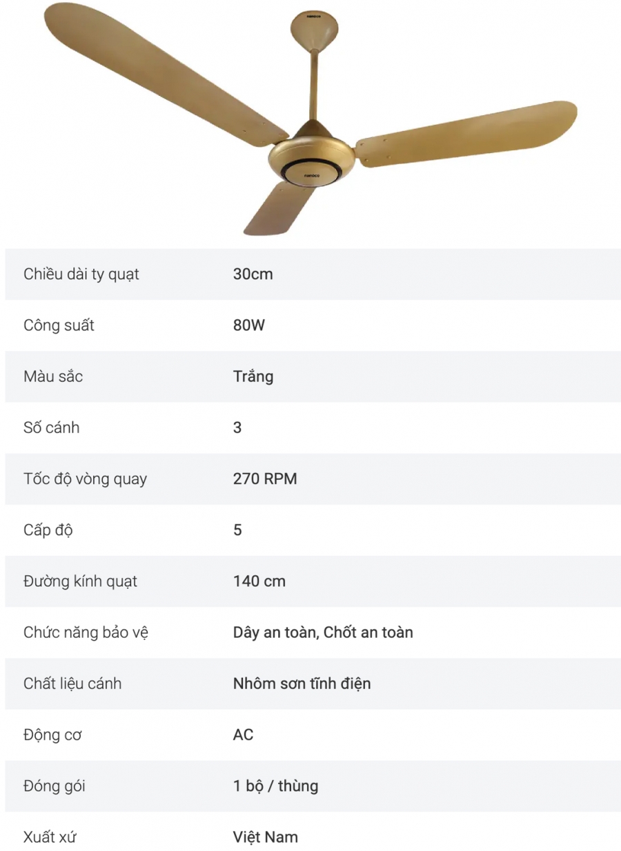 Quạt trần Nanoco NCF5631-GOS 3 Cánh, Ti dài 30cm, Màu Vàng