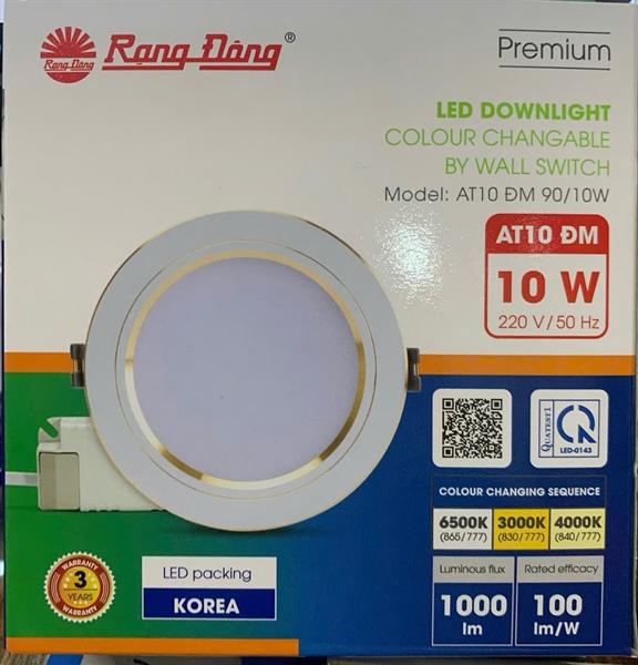 Led âm trần AT10 10W - viền vàng 3 màu Rạng Đông LK90