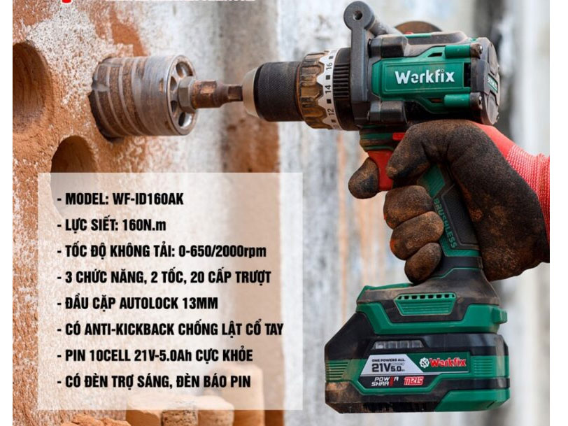Máy khoan pin Workfix WF-ID160AK - 13mm
