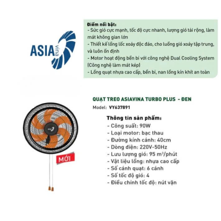 Quạt treo ASIAVINA Turbo X - VY627890 - Đen