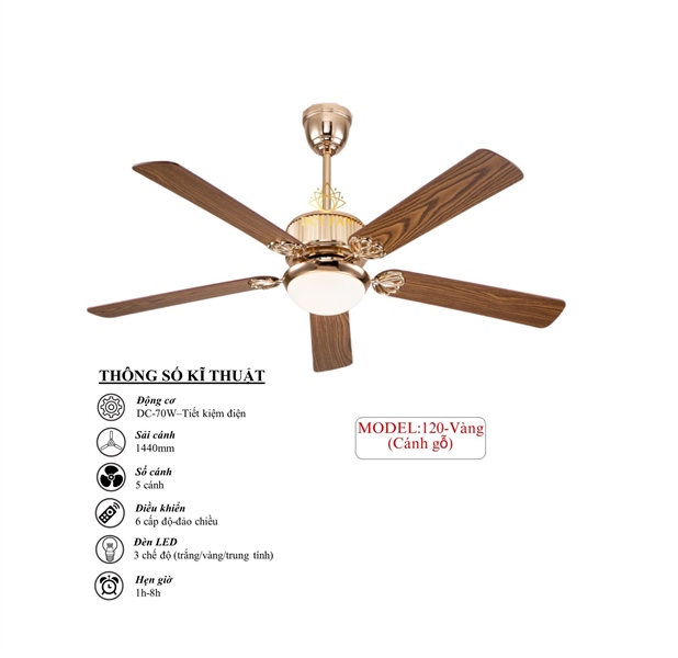 Quạt trần đèn trang trí DCT Fan 120 cánh gỗ vàng
