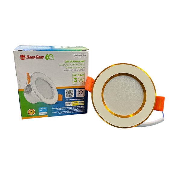 Đèn LED âm trần Downlight đổi màu AT10 viền vàng 60/3W