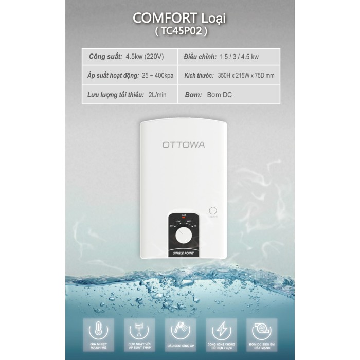 Máy nước nóng trực tiếp có bơm trợ lực OTTOWA TC45P02