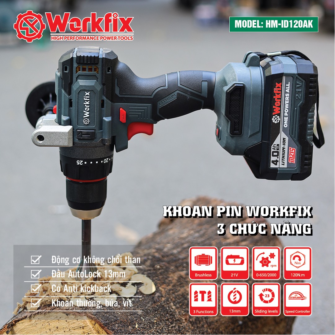 Máy Khoan Pin 3 Chức Năng 13mm Workfix WF-ID13120AK