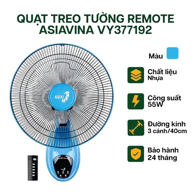 Quạt Treo Tường Asia VY377192 Mới (Remote) - Màu Thiên Thanh