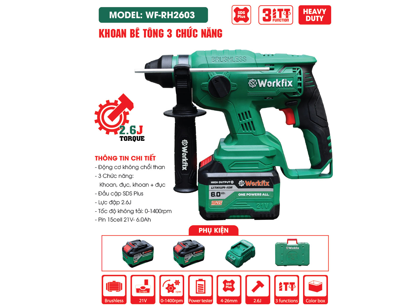 Máy khoan đục bê tông chạy pin Workfix WF-RH2603