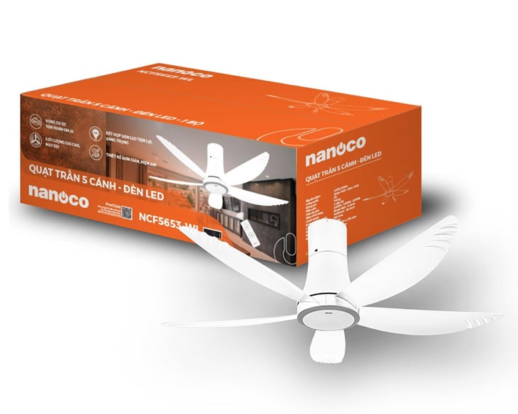 Quạt trần 5 cánh - Đèn Led có remote Nanoco model NCF5653-WL ( Công suất 69W, động cơ DC)