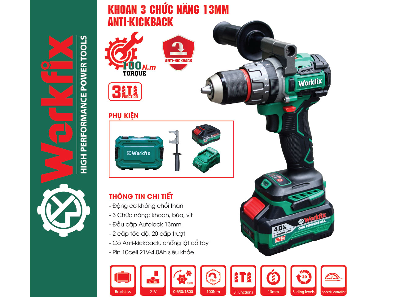 Máy khoan pin Workfix WF-ID13100AK