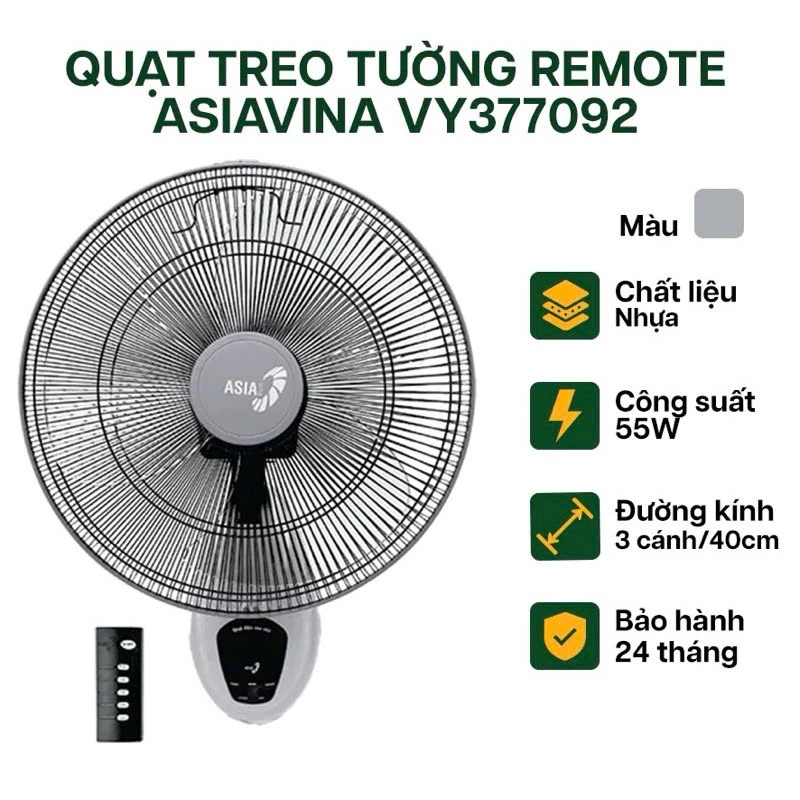  Quạt Treo Tường Asia VY377092 (Remote) - Xám