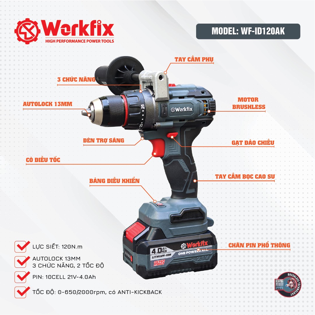 Máy Khoan Pin 3 Chức Năng 13mm Workfix WF-ID13120AK