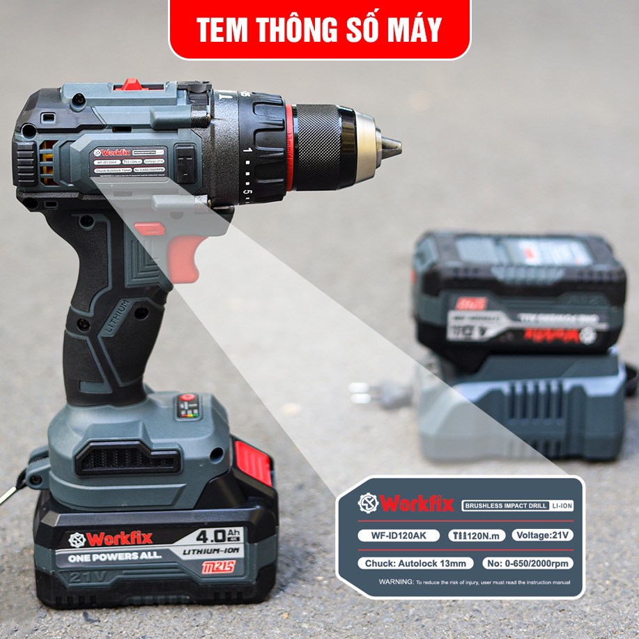 Máy Khoan Pin 3 Chức Năng 13mm Workfix WF-ID13120AK