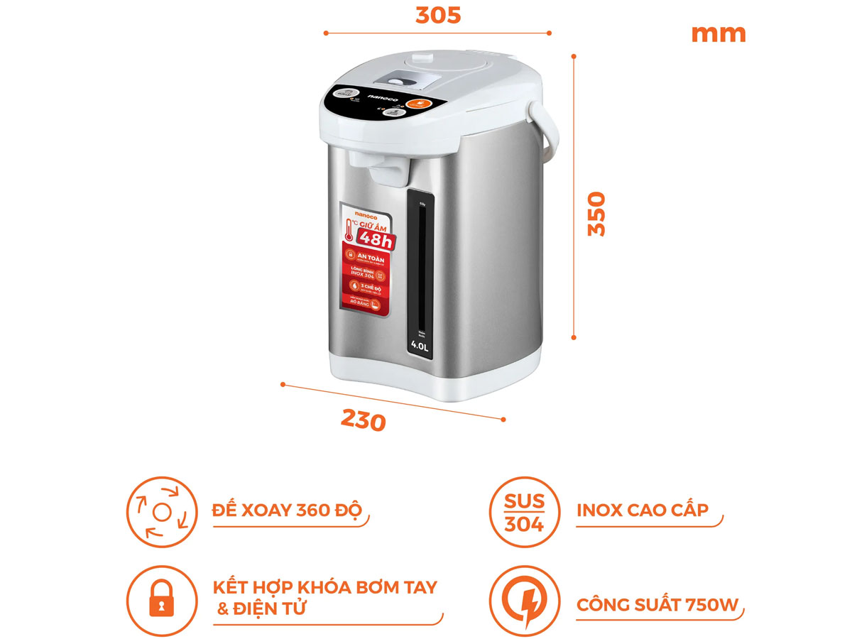 Bình thủy điện Nanoco NETF400 - 4 lít