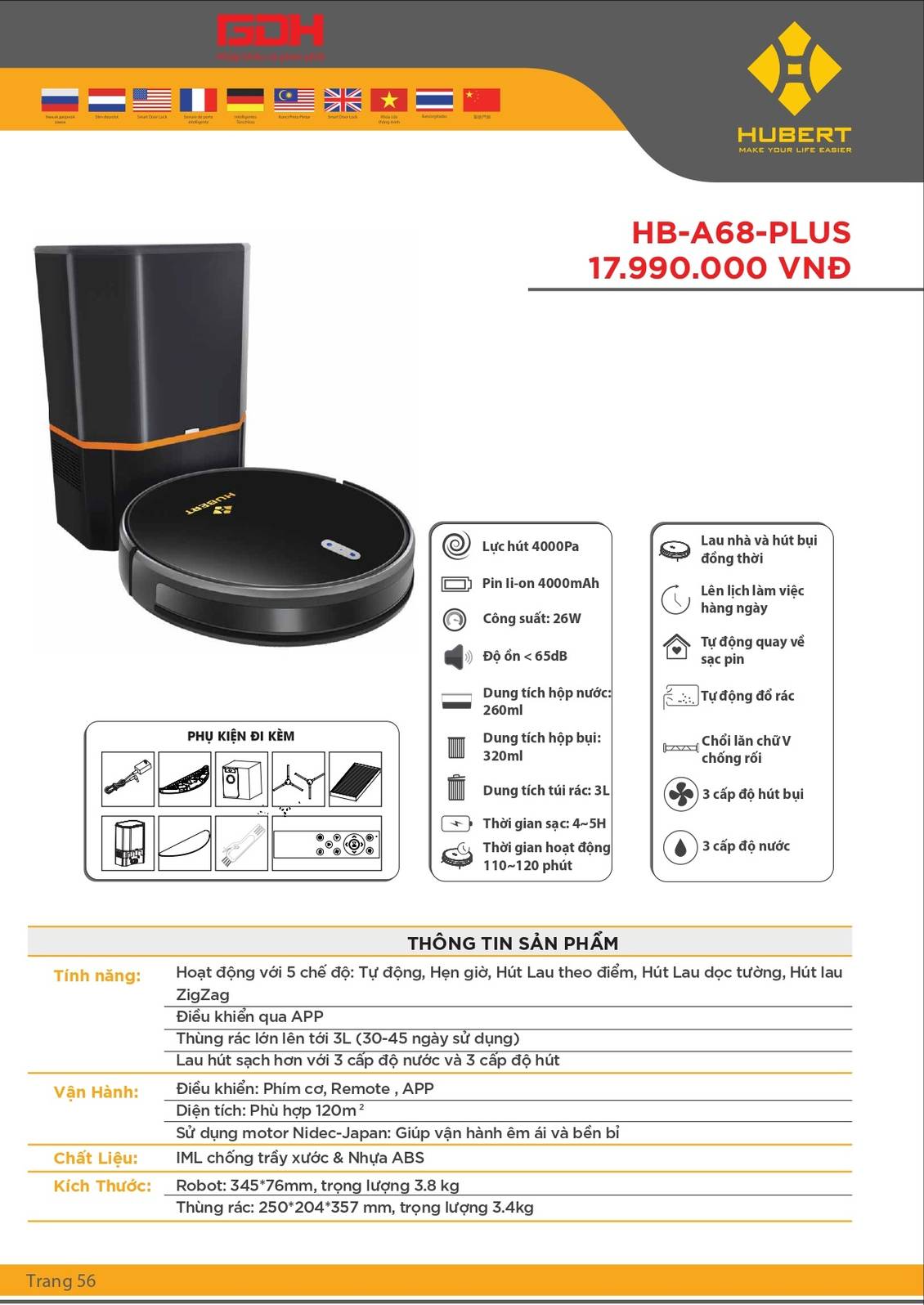 Robot hút bụi lau nhà Hubert HB-A68 Plus Black