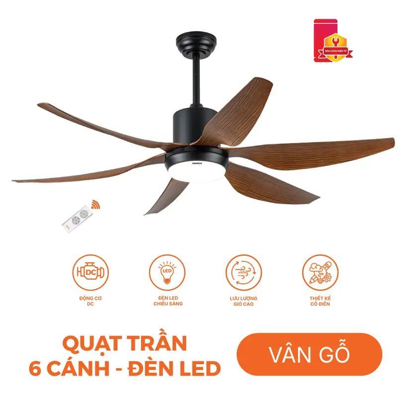 Quạt trần Nanoco NCF5462-PL 6 cánh, có đèn, màu vân gỗ