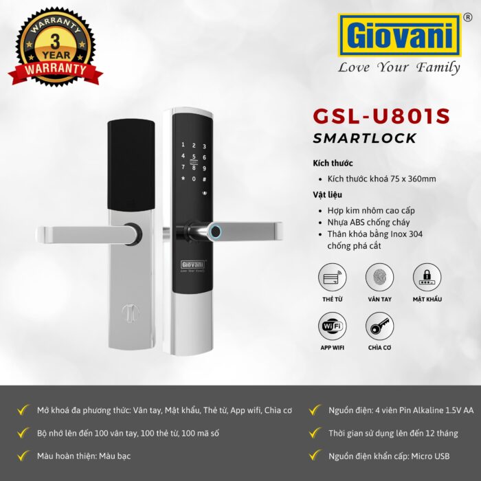 KHÓA VÂN TAY THÔNG MINH GIOVANI GSL-U801S/B