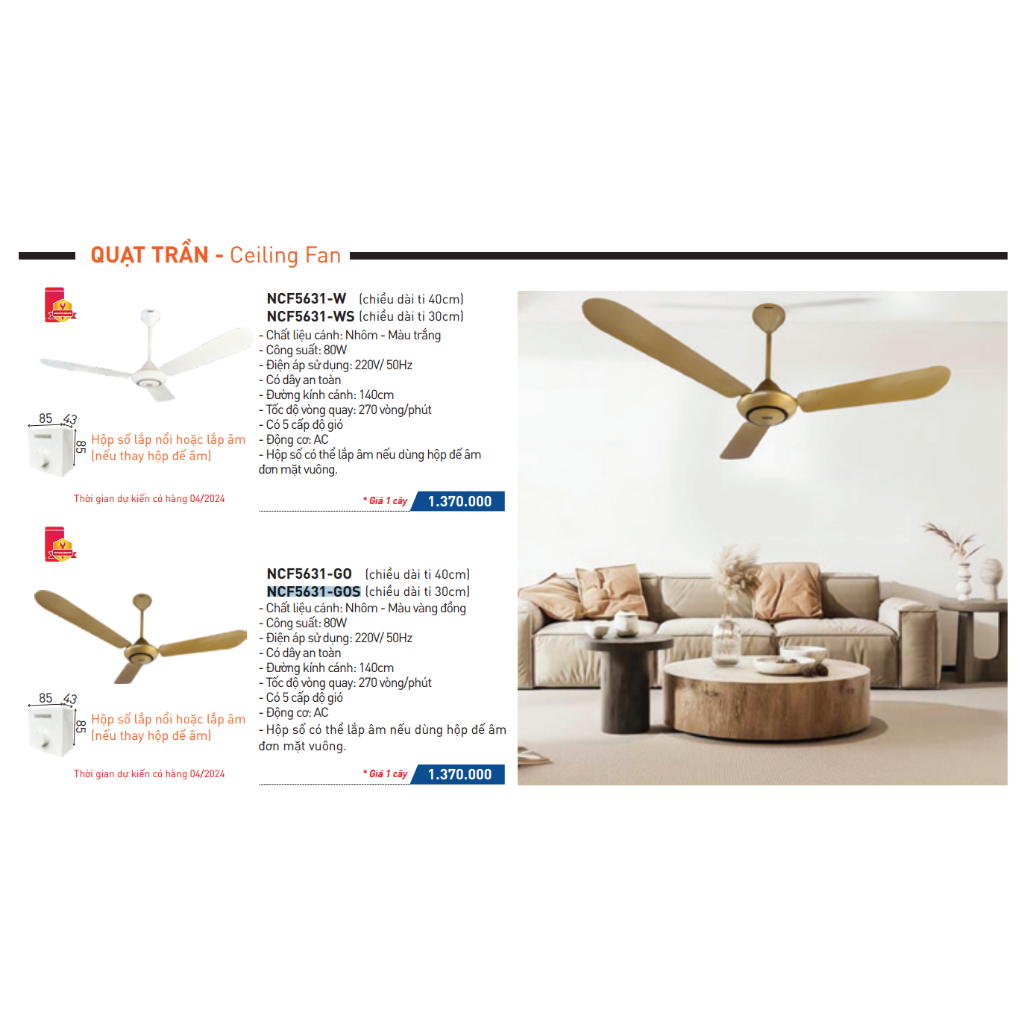 Quạt trần Nanoco NCF5631-GOS 3 Cánh, Ti dài 30cm, Màu Vàng