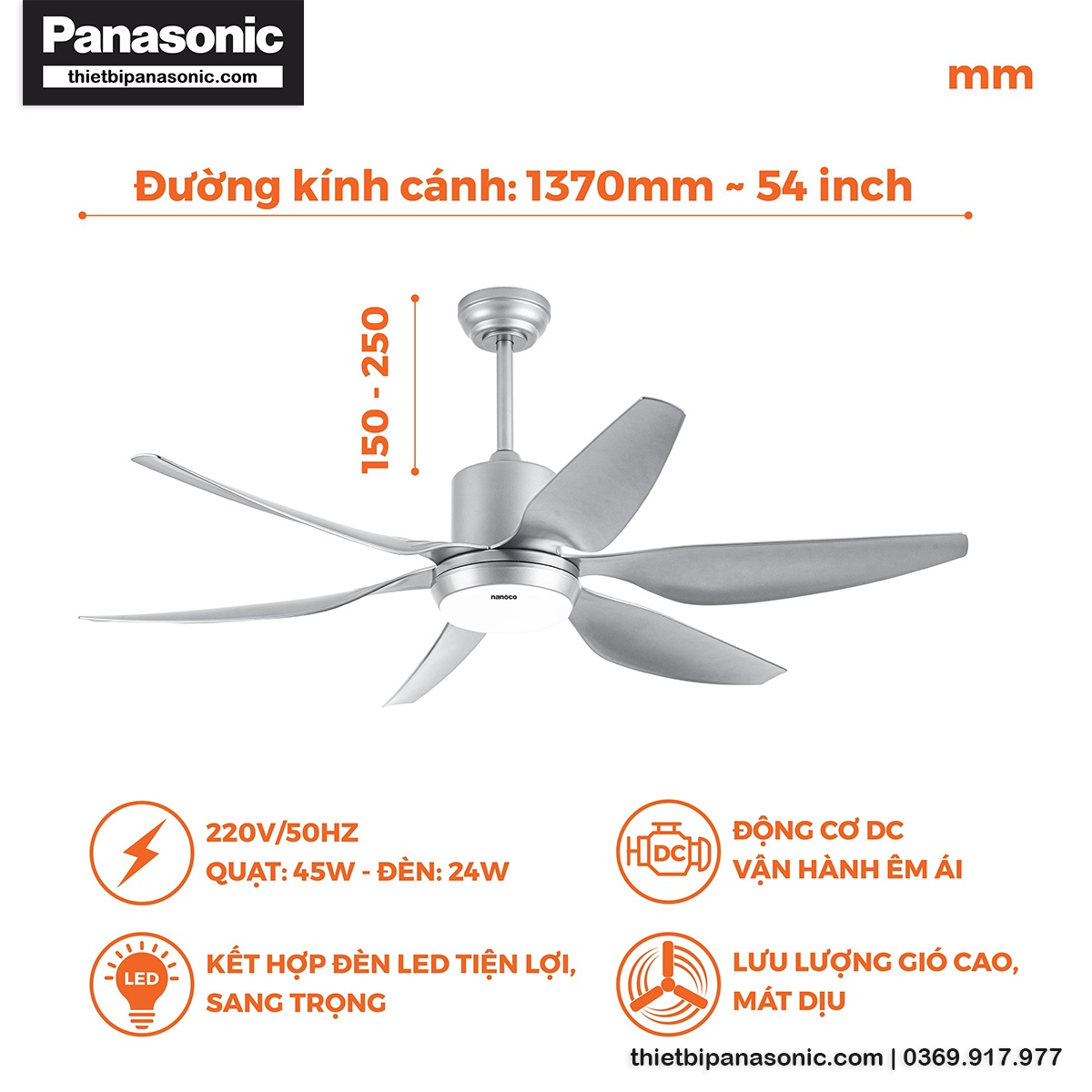 Quạt trần Nanoco NCF5462-SL 6 cánh, có đèn, màu bạc