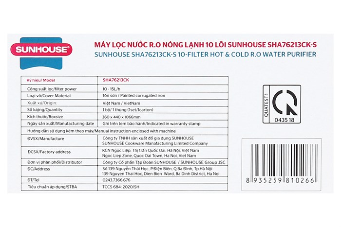 Máy lọc nước R.O 10 lõi SUNHOUSE SLIMBIO SHA76213CK-S 
