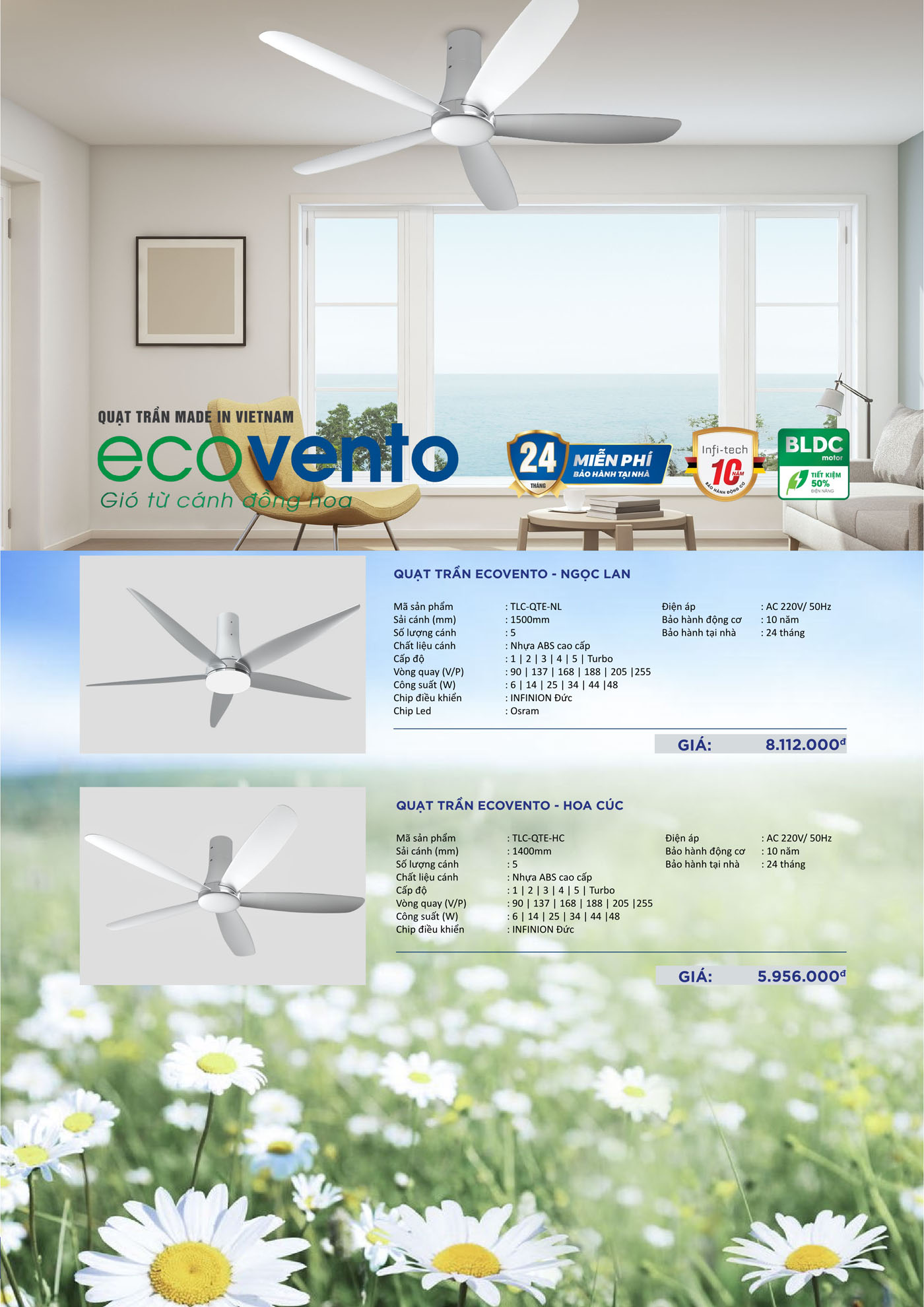 Quạt trần ECOVENTO Hoa Lan – Màu bạc