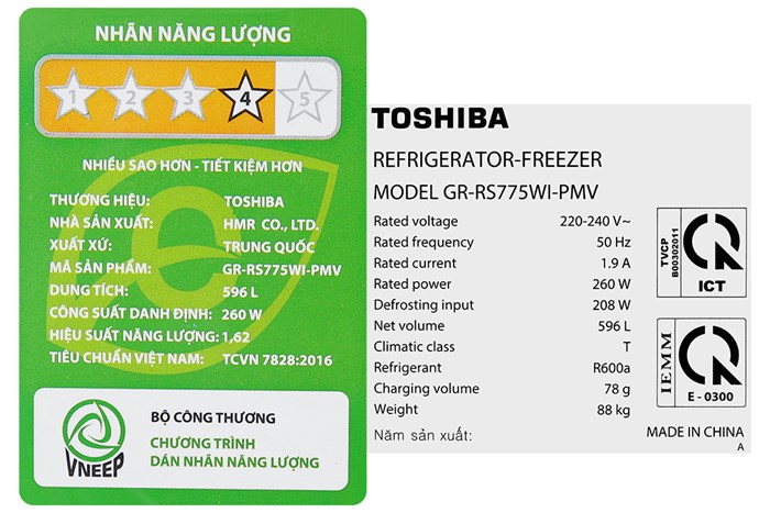 Tủ lạnh Toshiba Inverter 596 lít Side By Side GR-RS775WI-PMV(06)-MG