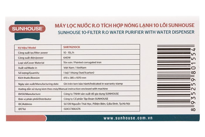 Máy lọc nước RO nóng lạnh Sunhouse SHR76210CK