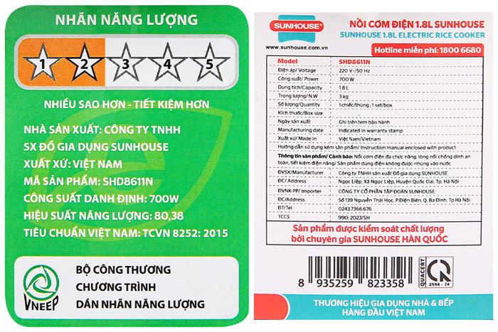 Nồi cơm nắp gài Sunhouse 1.8 lít SHD8611N
