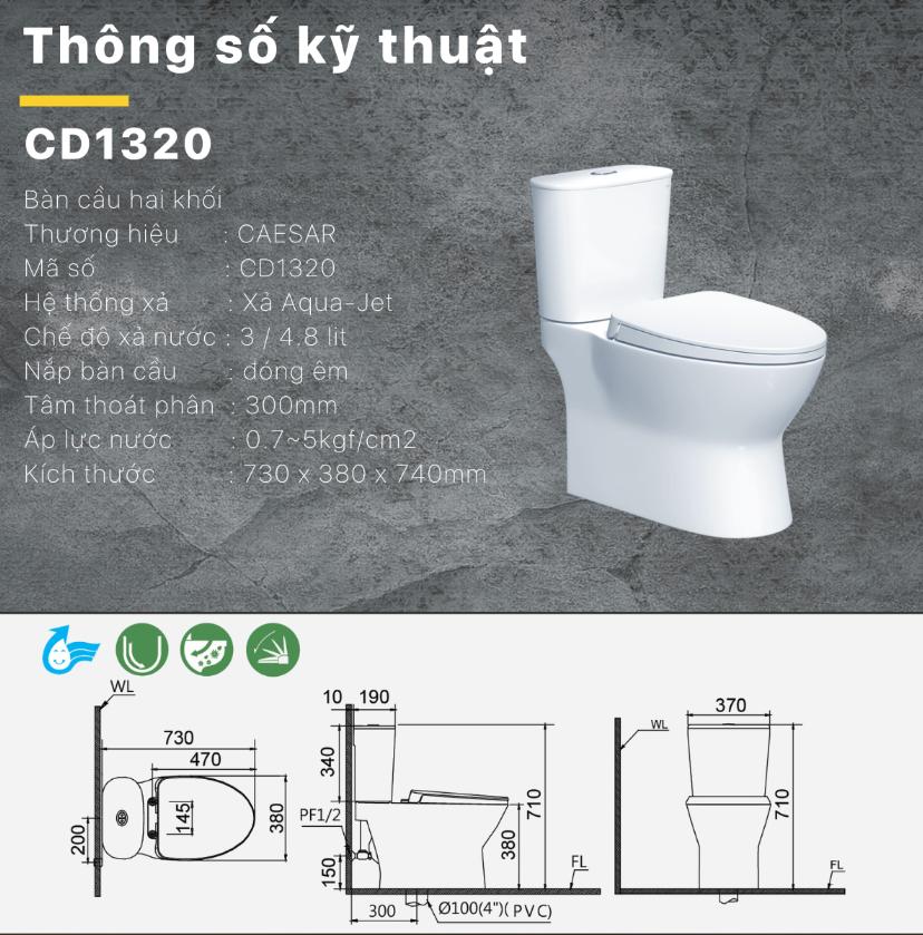 Bàn cầu 2 khối nắp rơi êm CD1320 CAESAR