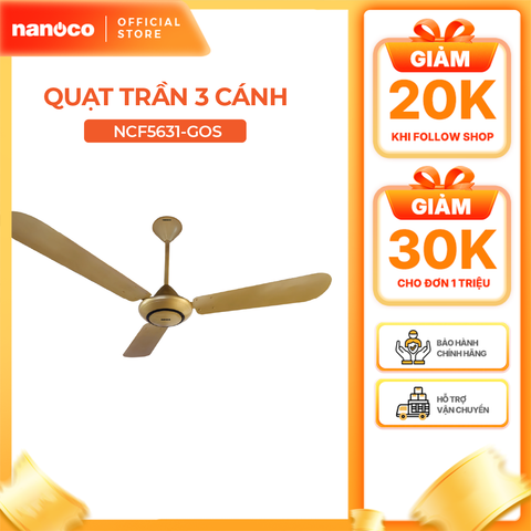 Quạt trần Nanoco NCF5631-GOS 3 Cánh, Ti dài 30cm, Màu Vàng