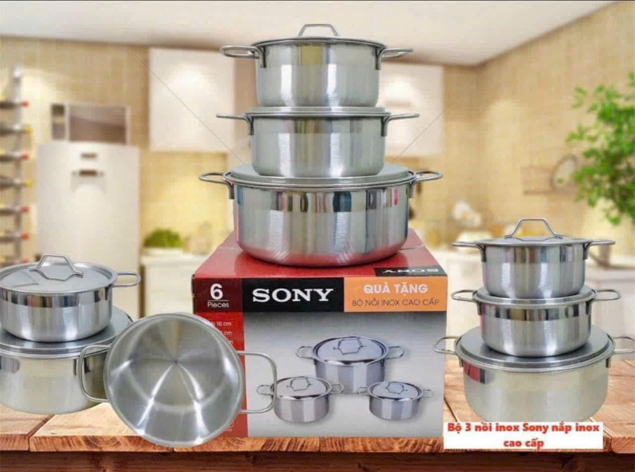 Bộ 3 nồi Inox Sony cao cấp nắp Inox size 16-18-24cm
