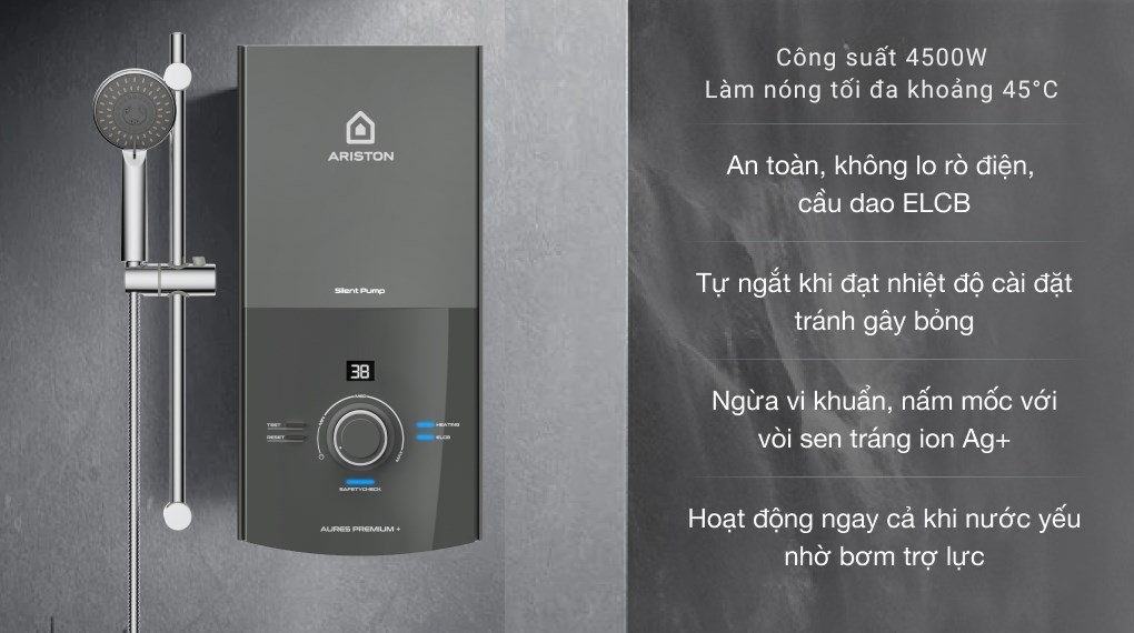 Máy nước nóng trực tiếp Ariston 4500W AURES PREMIUM+ 4.5P