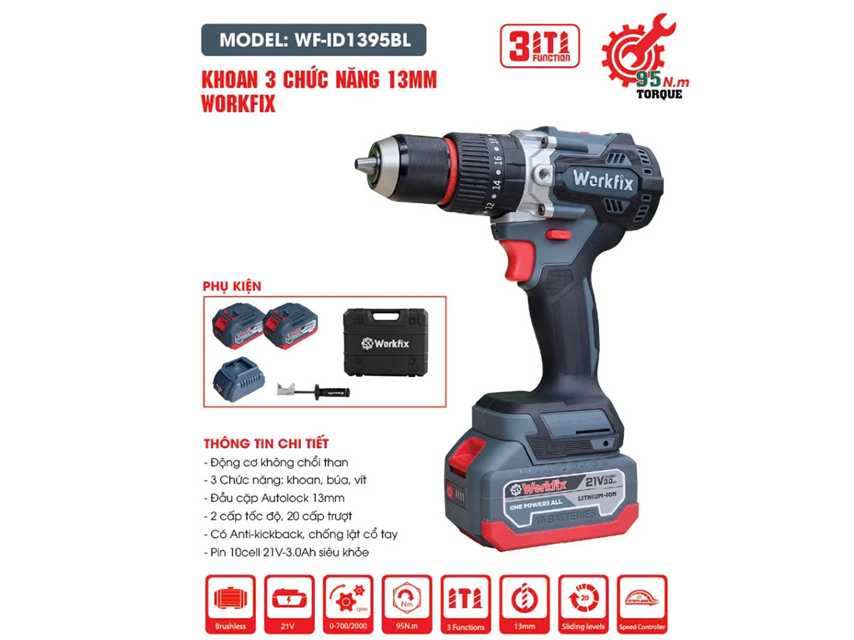 Máy khoan pin Workfix WF-ID1395BL 13mm