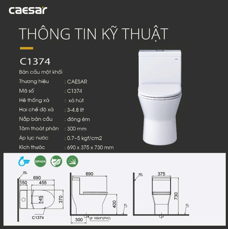 Bàn cầu liền khối nắp rơi êm C1374 CAESAR