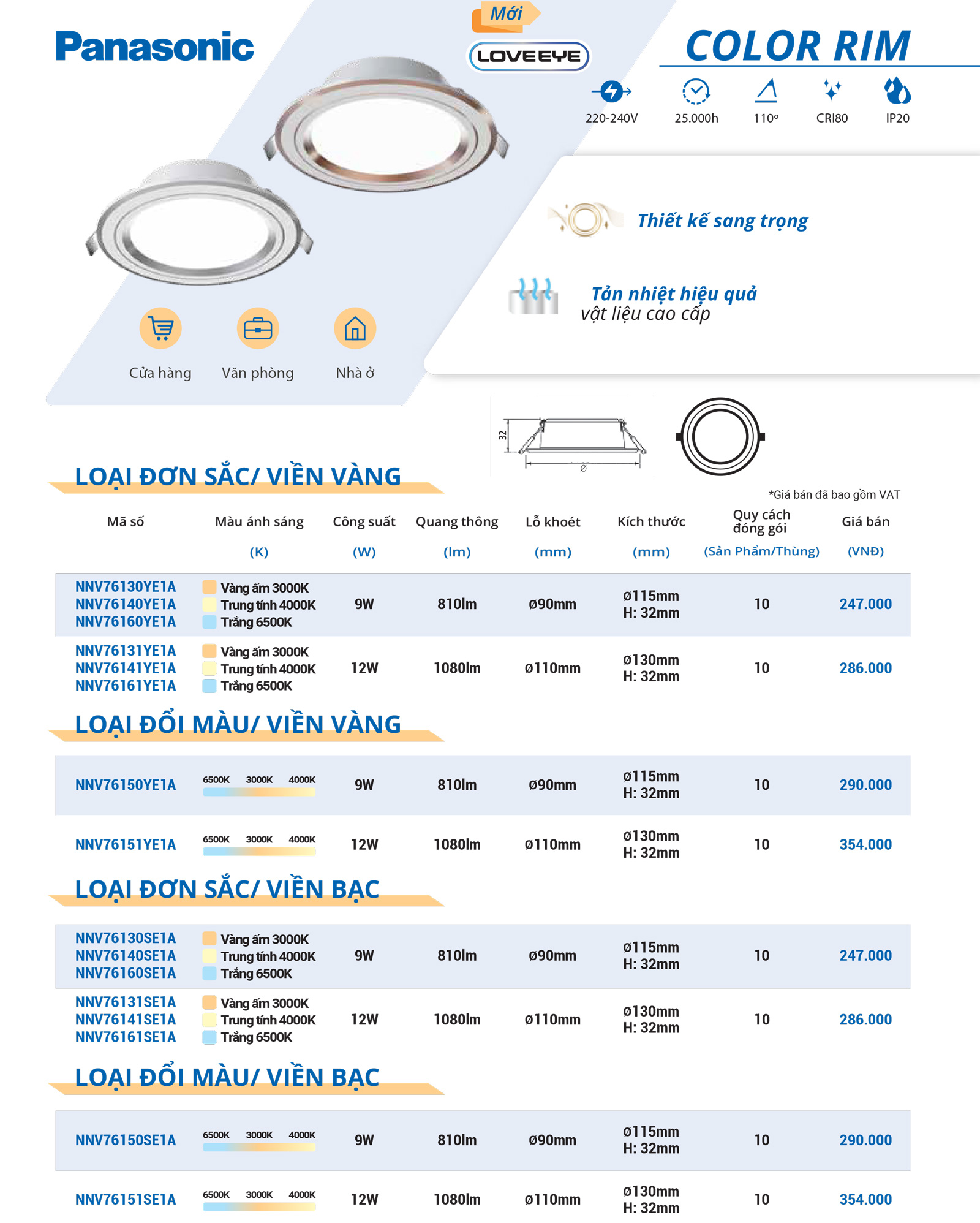 LED Downlight Panasonic 9W, Color Rim - Gold - 6500k - Trắng