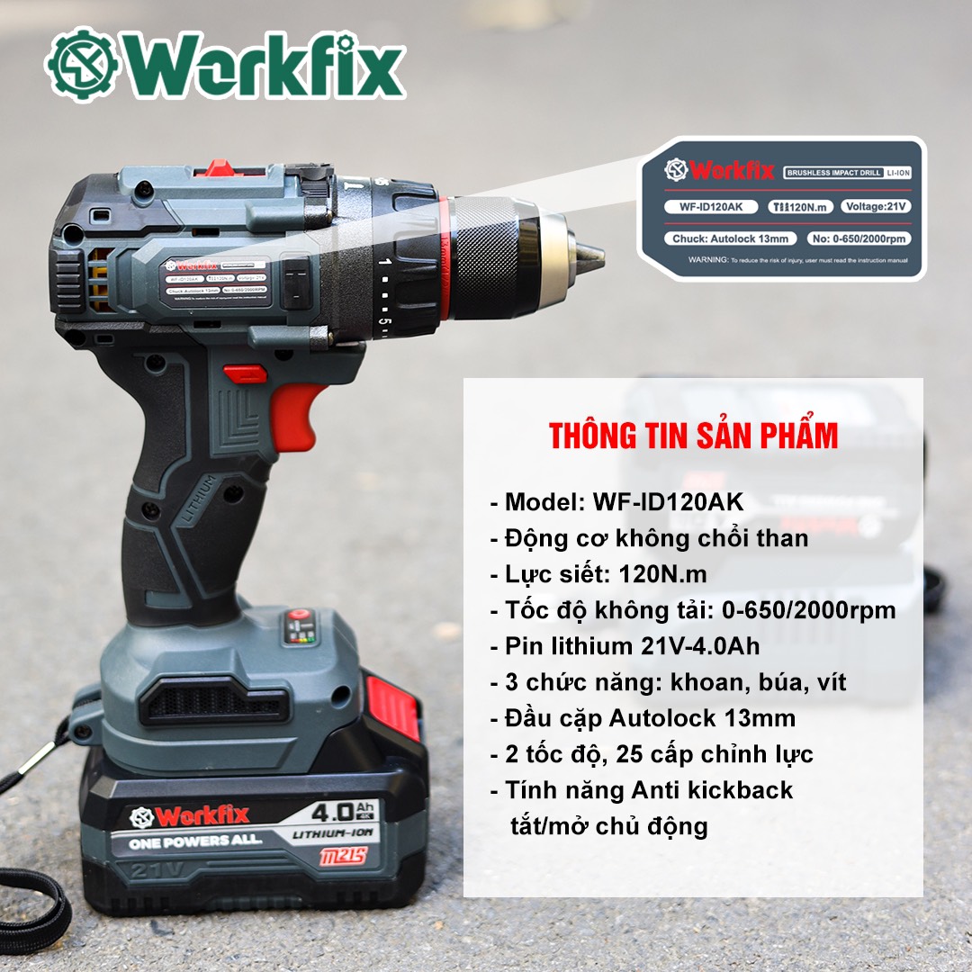 Máy Khoan Pin 3 Chức Năng 13mm Workfix WF-ID13120AK