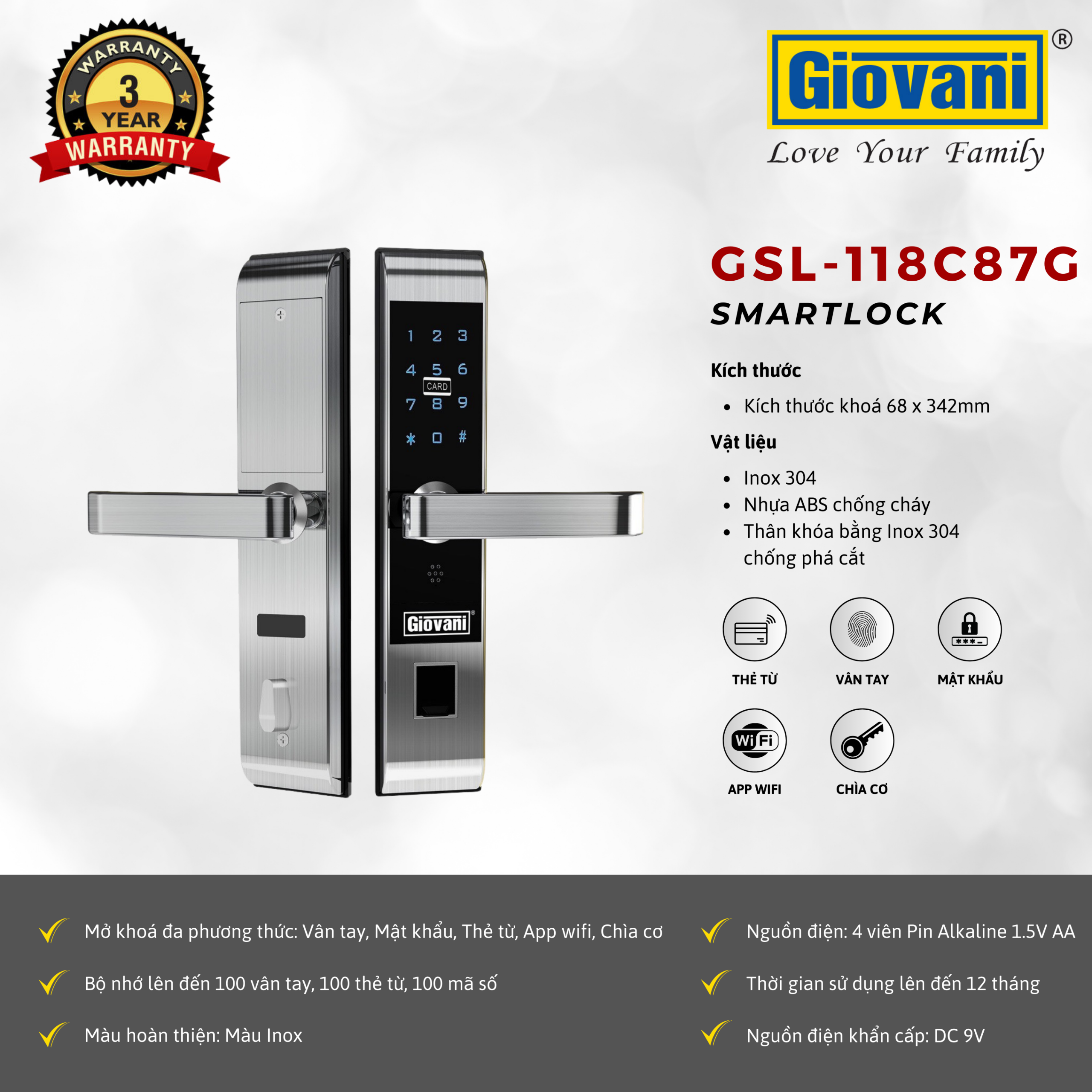 KHÓA VÂN TAY THÔNG MINH GIOVANI GSL-118C87G- Có App