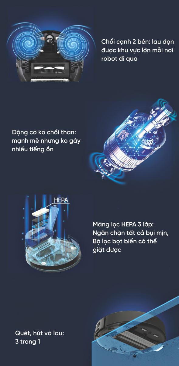 Robot hút bụi lau nhà Hubert HB-A68 Plus Black