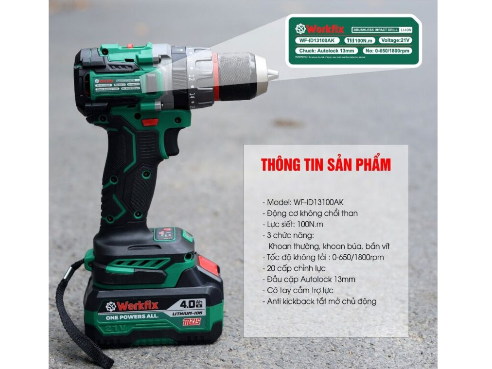 Máy khoan pin Workfix WF-ID13100AK